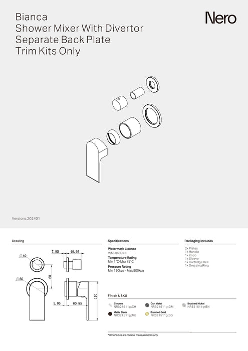 Nero Bianca Shower Mixer With Divertor Separate Back Plate Trim Kits Only