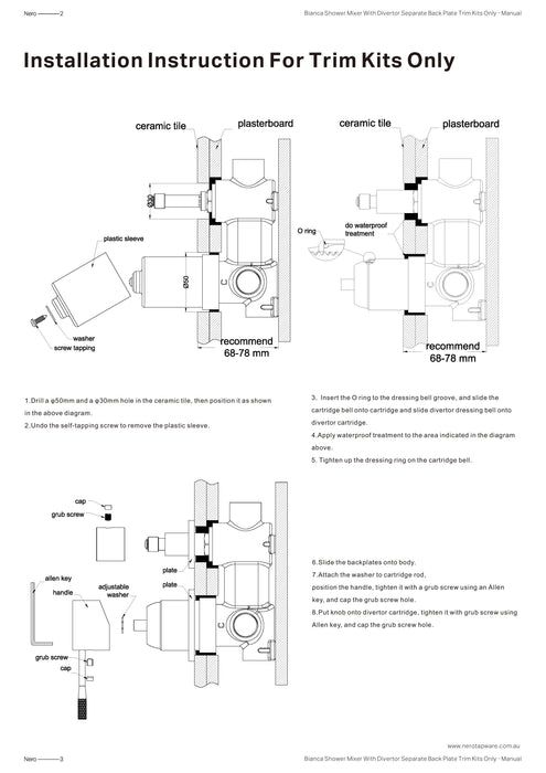 Nero Bianca Shower Mixer With Divertor Separate Back Plate Trim Kits Only