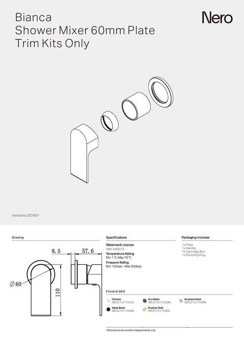 Nero Bianca Shower Mixer 60mm Plate Trim Kits Only