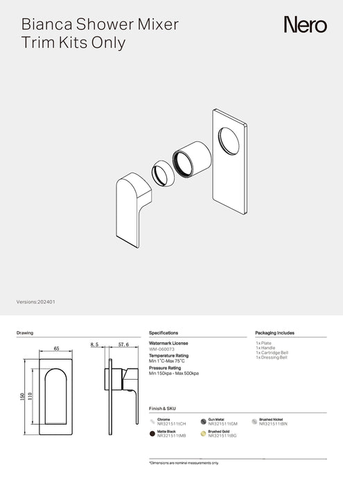 Nero Bianca Shower Mixer Trim Kits Only