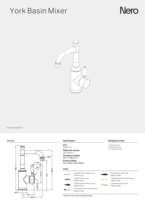 Nero York Basin Mixer With Metal Lever