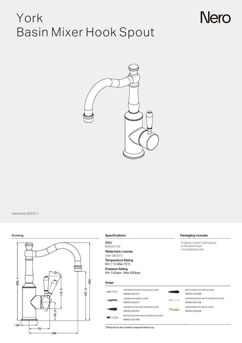 Nero York Basin Mixer Hook Spout With Metal Lever