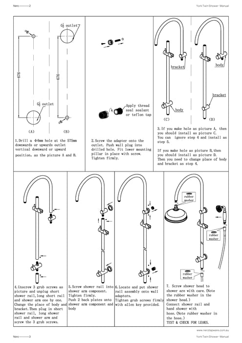 Nero York Twin Shower With White Porcelain Hand Shower