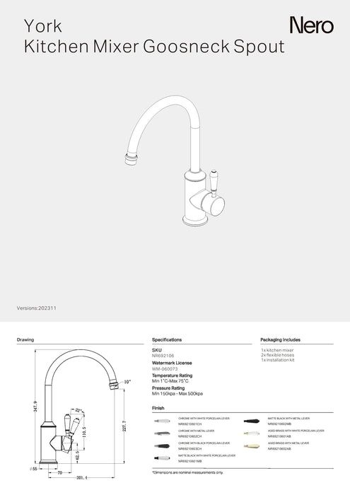 Nero York Kitchen Mixer Gooseneck Spout With White Porcelain Lever