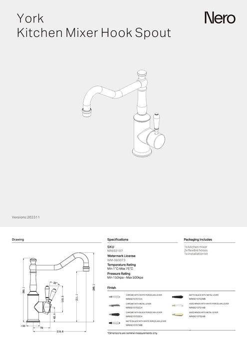 Nero York Kitchen Mixer Hook Spout With White Porcelain Lever