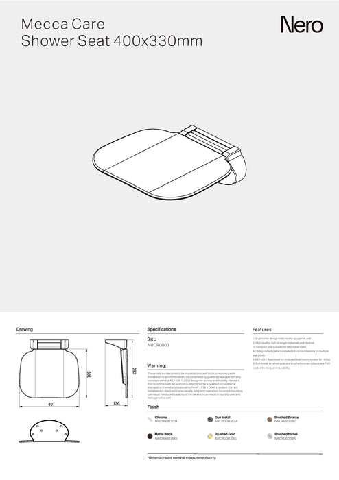 Nero Mecca Care Shower Seat 400×330mm