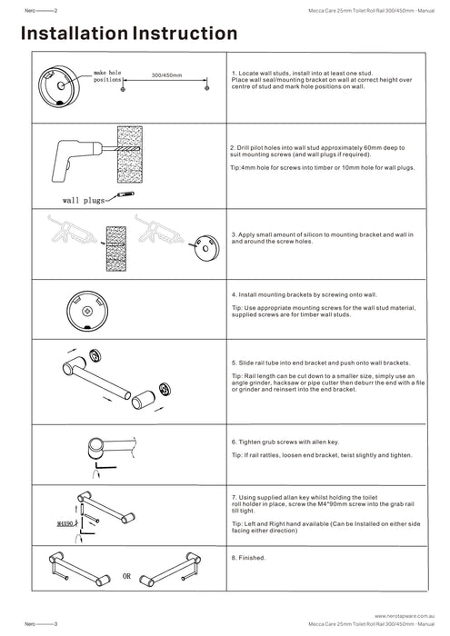 Nero Mecca Care 25mm Toilet Roll Rail 450mm