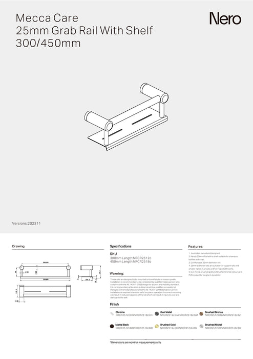 Nero Mecca Care 25mm Grab Rail With Shelf 450mm