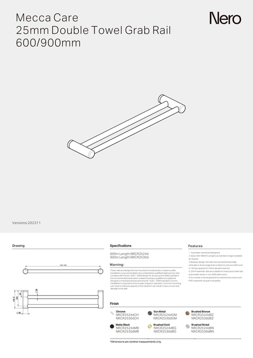 Nero Mecca Care 25mm Double Towel Grab Rail 600mm