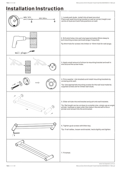 Nero Mecca Care 25mm Double Towel Grab Rail 600mm