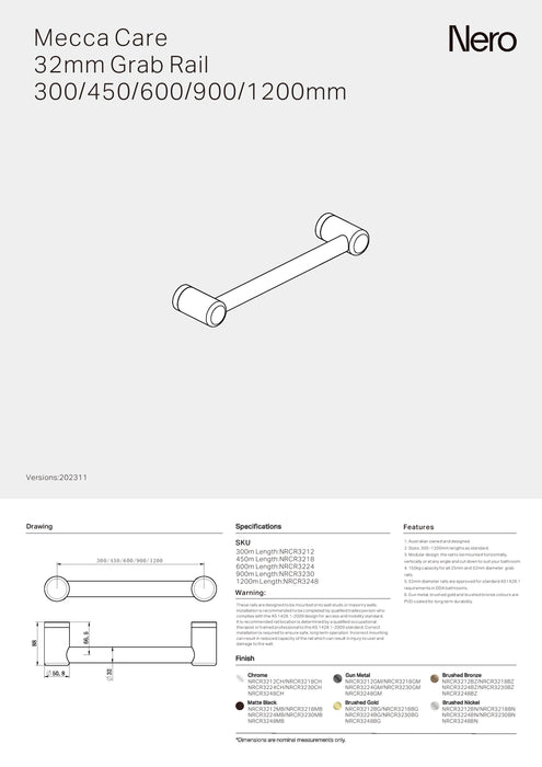 Nero Mecca Care 32mm Grab Rail 900mm