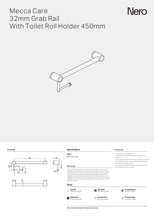 Nero Mecca Care 32mm Grab Rail With Toilet Roll Holder 450mm