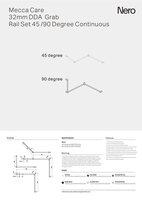 Nero Mecca Care 32mm Dda Toilet Grab Rail Set 90 Degree Continuous 600X1065X1025mm