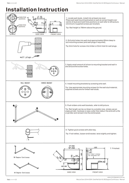 Nero Mecca Care 32mm Dda Toilet Grab Rail Set 90 Degree Continuous 600X1065X1025mm