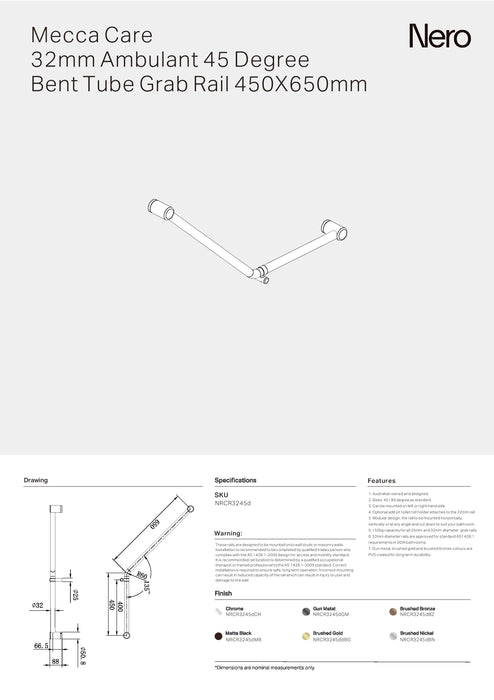 Nero Mecca Care 32mm Ambulant 45 Degree Bent Tube Grab Rail 450X650mm