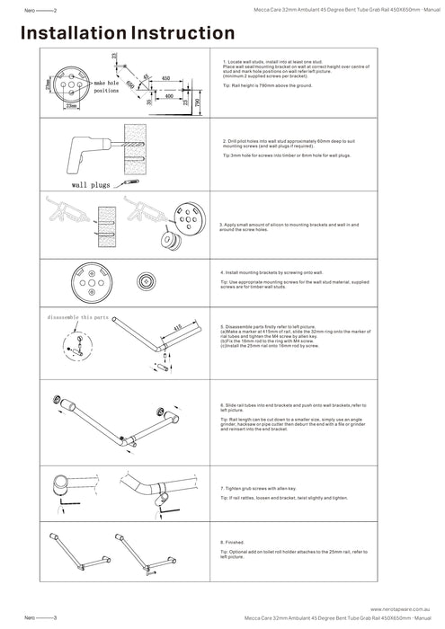Nero Mecca Care 32mm Ambulant 45 Degree Bent Tube Grab Rail 450X650mm