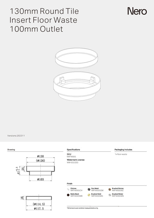 Nero 130mm Round Tile insert Floor Waste 100mm Outlet