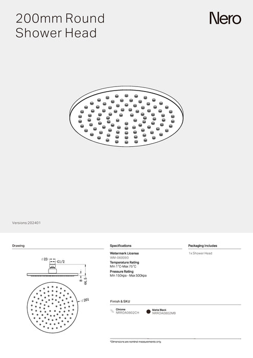 Nero 200mm Round Shower Head