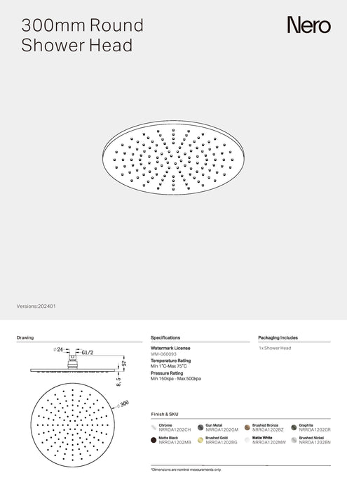 Nero 300mm Round Shower Head