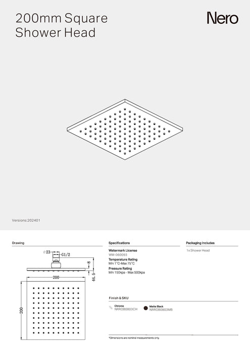 Nero 200mm Square Shower Head