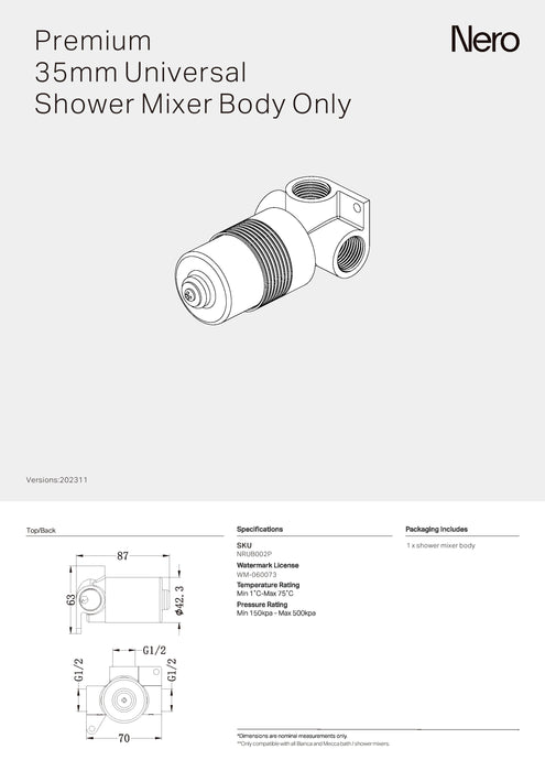 Nero Premium 35mm Universal Shower Mixer Body Only