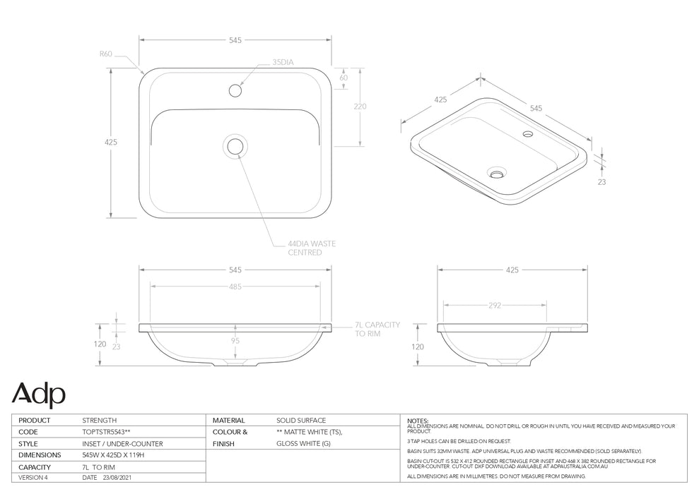 ADP Strength Solid Surface Gloss White Basin 545x425mm