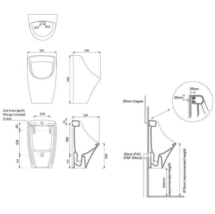 Turner Hastings Teide Ceramic Urinal - Back Inlet