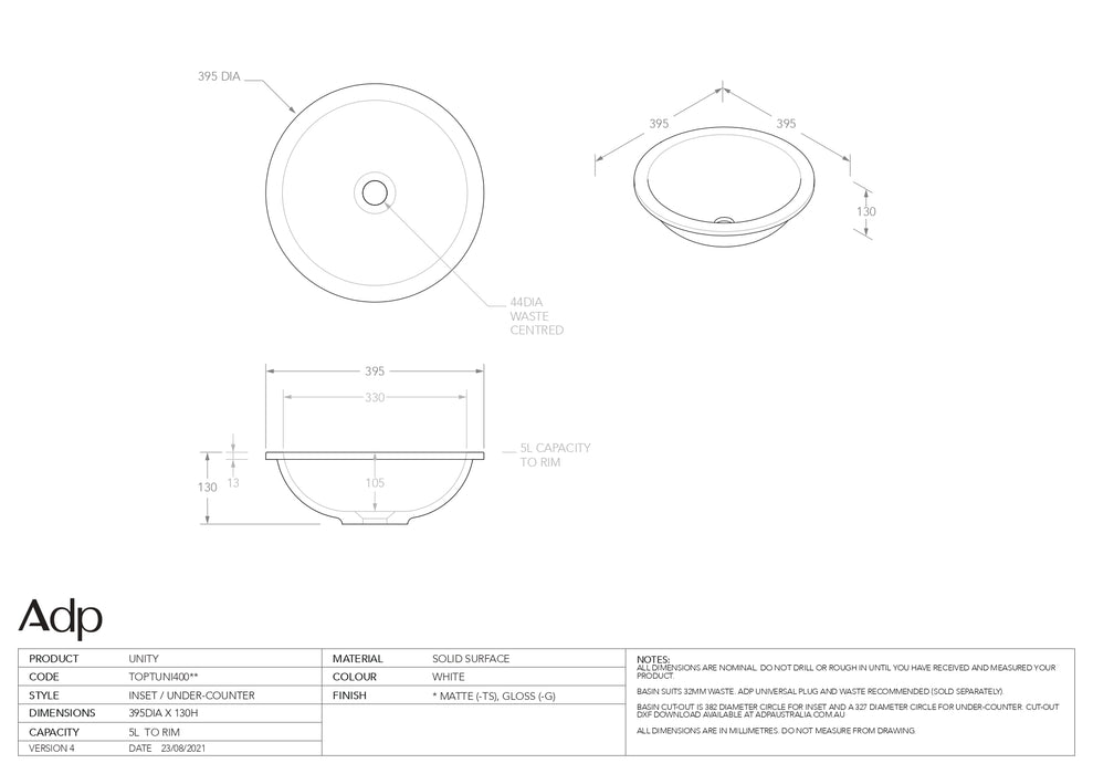 ADP Unity Solid Surface Gloss White Basin 395mm