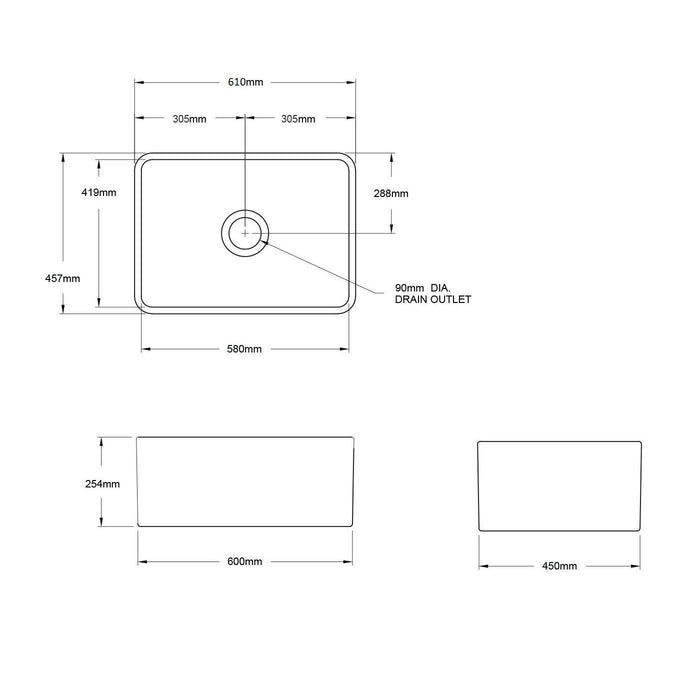 Turner Hastings Novi 60 x 46 Fine Fireclay Gloss White Butler Sink 600mm