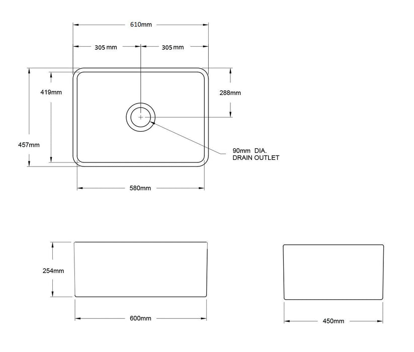 Turner Hastings Novi 60 x 46 Fine Fireclay Matte Black Butler Sink 600mm