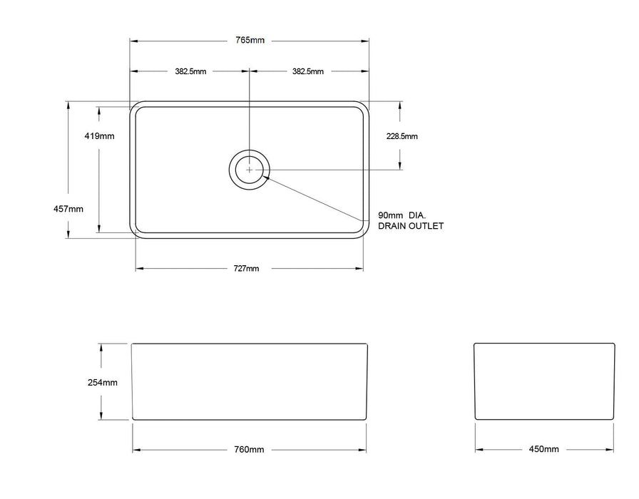 Turner Hastings Novi 75 x 46 Fine Fireclay Matte Black Butler Sink 750mm