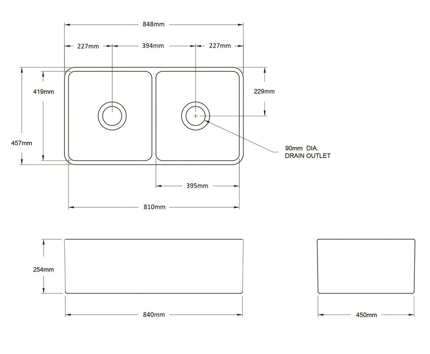 Turner Hastings Novi 85 x 46 Fine Fireclay Gloss White Butler Sink 850mm